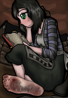 drawing crush micro feet black_hair color barefoot green_eyes blood sweat dress alice_in_wonderland madness_returns reading mspaintgts alice_lidelle madness grimy