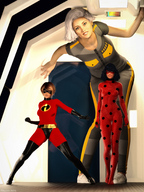 breasts giantess white_hair blonde black_hair blue_eyes clothed susan brunette ginormica short_hair mini_giantess monsters_vs_aliens costume looking_at_viewer jumpsuit superheroes the_incredibles digital_render helen elasti-girl susan_murphy dreamworks edheldil3d marinette