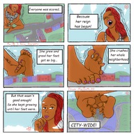 drawing growth giantess city comic color destruction barefoot red_hair foot_crush nail_polish source_needed
