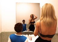 blonde long_hair clothed bra skirt cream amazon reflection bathroom mirror digital_render openhighhat horuvex
