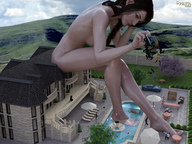 giantess nude long_hair handheld barefoot brunette sitting pool dangle onlookers spawngts mansion digital_render classic_car