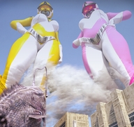 breasts giantess mega destruction giantesses bodysuit thighs point_of_view jetslasher hands_on_hips digital_render power_rangers pink_ranger yellow_ranger