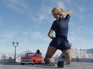 gentle giantess blonde long_hair butt clothed barefoot high_heels smiling ponytail kneeling police_uniform mountains huge_ass runswithferrets looking_back digital_render pickup step_ladder