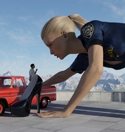 gentle giantess blonde long_hair clothed high_heels police ponytail crawling police_uniform looming runswithferrets digital_render pickup police_officer