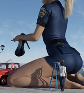 gentle giantess blonde long_hair butt clothed barefoot high_heels ponytail kneeling police_uniform huge_ass runswithferrets digital_render pickup step_ladder