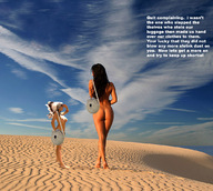 breasts nipples collage nude black_hair long_hair butt barefoot desert shrunken_woman standing sunny dialogue slippers looking_at_tiny goingdown canteen indian_headdress