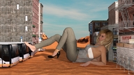 gentle giantess blonde long_hair clothed barefoot high_heels buildings tube_top desert sitting town tanktop buses digital_render stretch_pants inkonitoman