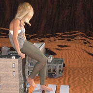 gentle giantess blonde long_hair clothed barefoot buildings tube_top desert sitting town buses top digital_render stretch_pants inkonitoman