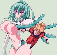 drawing collage size_difference color cleavage anime purple_eyes green_hair navel belly reaching goku thighs super_saiyan frowning hyperdimension_neptunia looking_at_tiny admontanheiro green_heart