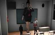 blonde long_hair clothed cleavage skirt high_heels brunette multiple_sizes amazon belly uniform teacher fishnets sunglasses standing jacket classroom students digital_render big-elsa