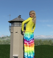 giantess blonde long_hair clothed dress tower mountains standing sweater runswithferrets looking_back hands_on_hips