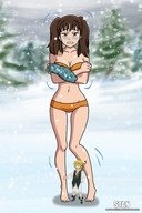 drawing giantess collage toes barefoot cleavage anime brunette purple_eyes navel pigtails belly looking_down thighs looking_at_viewer cold seven_deadly_sins cartoongirls diane_(seven_deadly_sins)