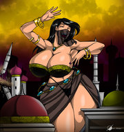 drawing giantess black_hair color long_hair destruction clothed cleavage bra huge_breasts thong dancing jewelry belly_dancer veil sarong aliessa