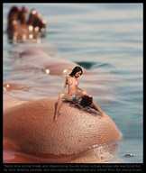 bikini breasts nipples gentle collage nude long_hair barefoot water wet brunette sitting navel legs lesbians shrunken_woman floating reddrop7 narration