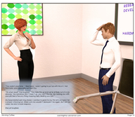gentle clothed cleavage high_heels glasses story red_hair office shrunken_man standing digital_render openhighhat narration