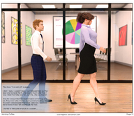 gentle long_hair clothed skirt high_heels glasses brunette story office walking shrunken_man shirt digital_render openhighhat narration