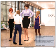 gentle blonde long_hair skirt high_heels glasses brunette multiple_sizes story red_hair ponytail dress office shrunken_man shirt digital_render openhighhat narration