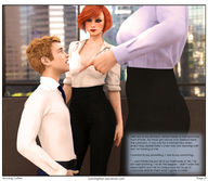 gentle clothed cleavage glasses story red_hair office shrunken_man standing shirt digital_render openhighhat narration
