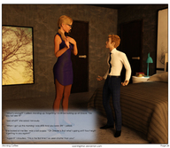 gentle blonde long_hair clothed high_heels glasses bed story ponytail dress shrunken_man standing bedroom digital_render openhighhat narration