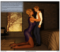 gentle blonde long_hair clothed glasses story ponytail dress kneeling nylons shrunken_man bedroom touching digital_render openhighhat narration