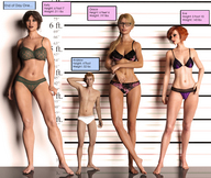 gentle panties blonde long_hair barefoot cleavage bra glasses brunette underwear red_hair navel shrunken_man standing height_comparison digital_render openhighhat