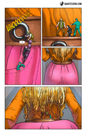 blonde comic long_hair butt clothed climbing story unaware shrunken_people pocket shirt belt giantessfan waistline