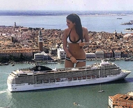 bikini breasts gentle giantess collage city mega long_hair cleavage water buildings wet brunette navel cruise_ship standing venice