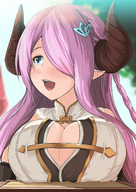 breasts drawing giantess horns color cleavage breast_crush pink_hair demoness