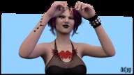 finger purple_hair hand shrunken_man goth tattoo between_fingers bracelet nose_ring lip_ring looking_at_tiny digital_render starkadhr