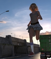 giantess mega blonde long_hair clothed skirt running highway truck runswithferrets sunset top belt digital_render