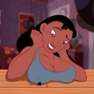 breasts nipples black_hair large_breasts long_hair clothed cleavage domination brown_eyes smiling grin animation shrunken_man cartoon dark_skin lifting disney nani_pelekai wooden_table trapped_underneath david_kawena lilo_and_stitch