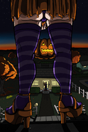 drawing giantess panties upskirt color butt destruction skirt high_heels socks halloween standing looking_up night houses yellowfeather point_of_view bystanders pumpkin_bucket