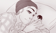 gentle sleeping monochrome handheld bed pillow shrunken_woman romantic beanie territorialrain tiny_hand_holding_giant_finger gentle_smile