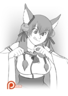 drawing giantess monochrome handheld kitsune dangle shrine_maiden looking_at_tiny spokle