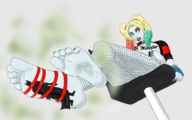 drawing feet toes barefoot soles domination harley_quinn bondage legs fishnets shrunken_man looking_down batman smelly point_of_view cape source_needed white_skin imminent_crush no_background dc_comics