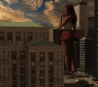 giantess city long_hair butt clothed skirt buildings brunette standing onlookers sunset top tennis_shoes police_cars digital_render giantess_lover45