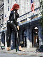 giantess city butt clothed barefoot buildings looking_down standing onlookers american_flag leaves digital_render fater leather_clothing