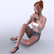 gentle long_hair clothed handheld cleavage red_hair sitting sandals kissing shorts shrunken_man top digital_render jamalc157