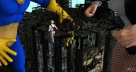 giantess city blonde giant crossover brunette gloves boots fishnets flying outdoors cape power_girl x-men digital_render zatanna dc_comics marvel_comics dr._fate rogue_(x-men)