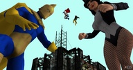 giantess city giant crossover fishnets outdoors power_girl x-men top_hat digital_render zatanna dc_comics marvel_comics dr._fate rogue_(x-men)