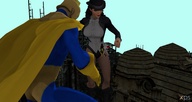 giantess city giant crossover fishnets outdoors power_girl x-men top_hat digital_render zatanna dc_comics marvel_comics dr._fate rogue_(x-men)