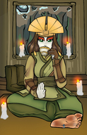 feet licking barefoot green_eyes brunette sitting shrunken_man rubbing forest tea room avatar moonlight candles mspaintgts kyoshi avatar_kyoshi sipping_tea