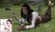 giantess black_hair long_hair handheld barefoot smiling cheerleader horse lying_down dark_skin windmill digital_render