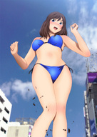 bikini drawing giantess blushing city brunette embarrassed unknown_artist surprised medium_length_hair looking_down outdoors source_needed debris