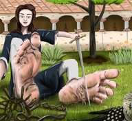 drawing feet color sword barefoot brunette sitting shrunken_man outdoors looking_at_tiny giantwaifus