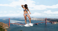 breasts giantess collage city swimsuit bridge destruction rampage cleavage brunette wonderslug legs giantess_katelyn sky ships golden_gate_bridge