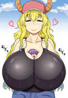 drawing dragoness horns color huge_breasts maid_uniform no_background multicolored_hair chi quetzalcoatl kobayashi-san shouta