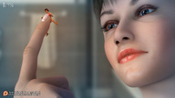 bikini finger surprised face shrunken_woman examining on_finger looking_at_tiny emi digital_render