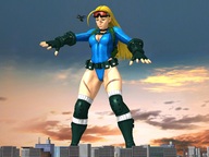giantess city blonde long_hair one_piece cleavage helicopter gloves boots looking_down outdoors ahoge goggles kneepads digital_render scars