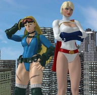 breasts giantess city mega blonde long_hair buildings gloves short_hair hand giantesses outdoors cape goggles belt leotard power_girl kneepads zipper digital_render dc_comics gauntlet long_gloves arms_folded bare_legs skintight_clothing camo_paint utility_belt